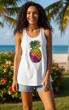 NEW Sequin Pineapple Racerback Tank Top Tropical Colorful Shiny Sparkle Sporty M